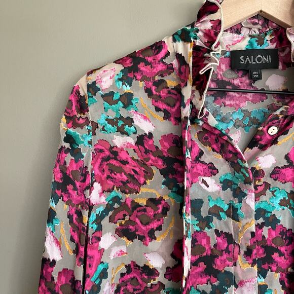 SALONI Emile Floral‎ Print Button Front Silk Top In Blossom Cloudy Rose Size 0 - Picture 7 of 16